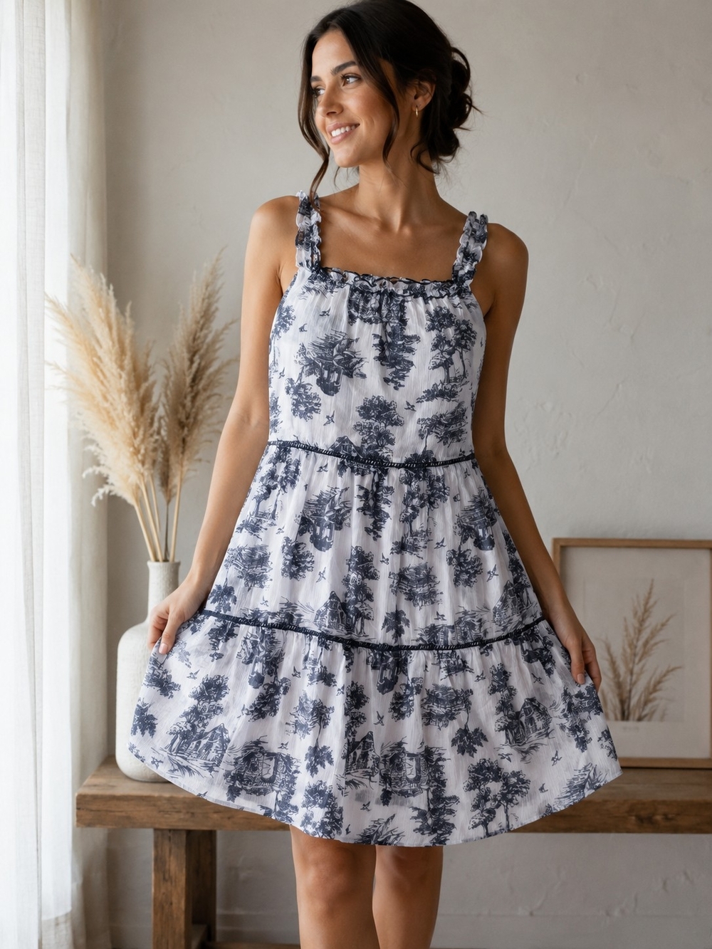 Heirloom Toile Print Sleeveless Mini Dress Women's XS Black & White